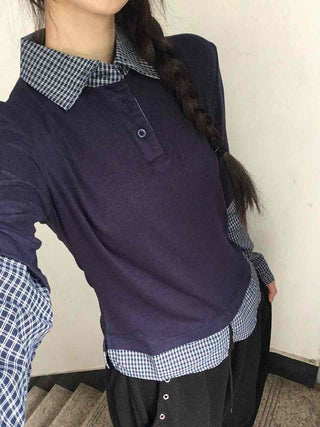 Navy check layered simple basic long-sleeve t-shirt