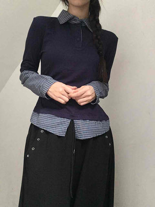 Navy check layered simple basic long-sleeve t-shirt