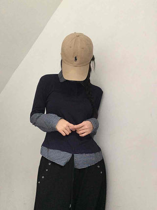 Navy check layered simple basic long-sleeve t-shirt