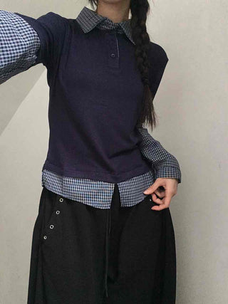 Navy check layered simple basic long-sleeve t-shirt