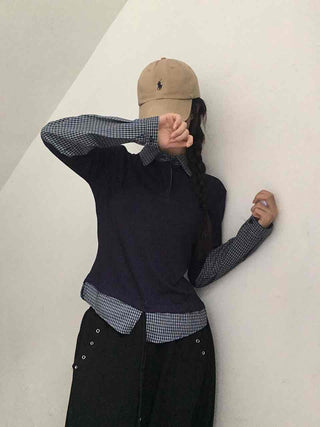 Navy check layered simple basic long-sleeve t-shirt