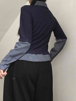 Navy check layered simple basic long-sleeve t-shirt