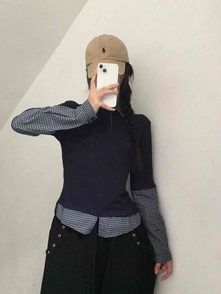 Navy check layered simple basic long-sleeve t-shirt