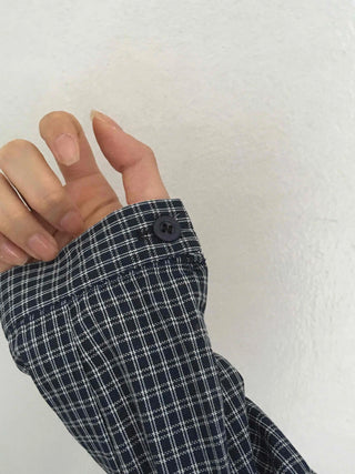 Navy check layered simple basic long-sleeve t-shirt
