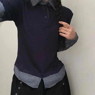 Navy check layered simple basic long-sleeve t-shirt