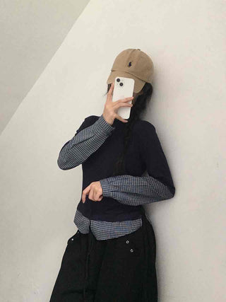 Navy check layered simple basic long-sleeve t-shirt