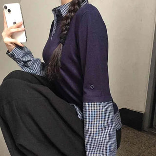 Navy check layered simple basic long-sleeve t-shirt