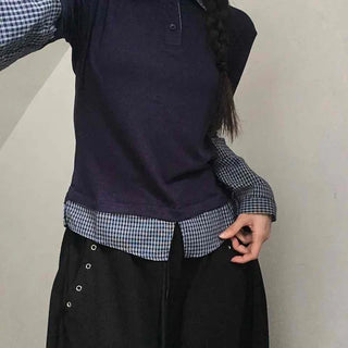 Navy check layered simple basic long-sleeve t-shirt