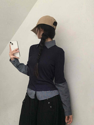 Navy check layered simple basic long-sleeve t-shirt