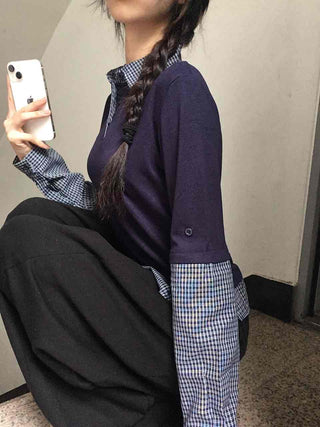 Navy check layered simple basic long-sleeve t-shirt