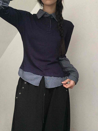 Navy check layered simple basic long-sleeve t-shirt