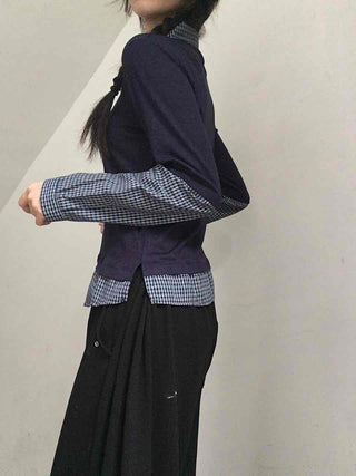 Navy check layered simple basic long-sleeve t-shirt