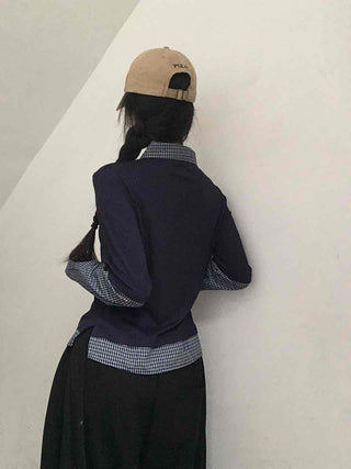 Navy check layered simple basic long-sleeve t-shirt