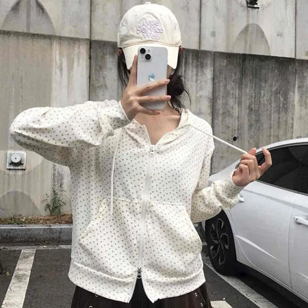 Daily Small Floral Round Neck Zip-Up Hoodie