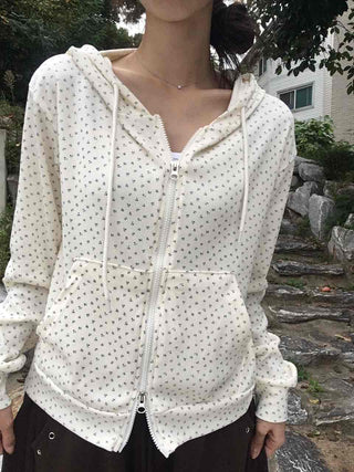 Daily Small Floral Round Neck Zip-Up Hoodie
