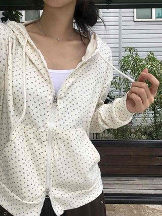 Daily Small Floral Round Neck Zip-Up Hoodie