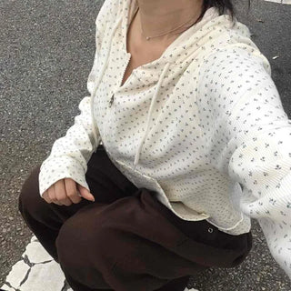 Daily Small Floral Round Neck Zip-Up Hoodie