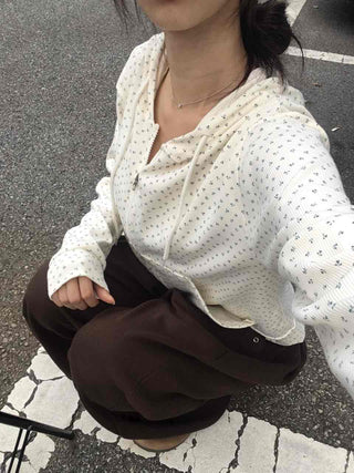 Daily Small Floral Round Neck Zip-Up Hoodie