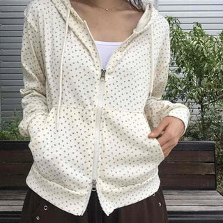 Daily Small Floral Round Neck Zip-Up Hoodie