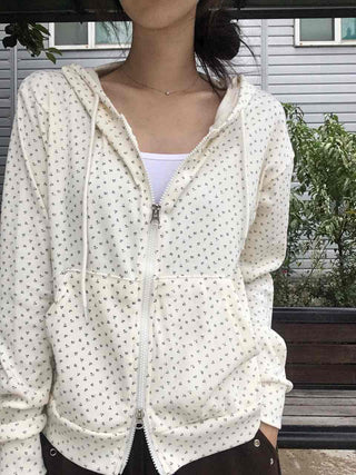 Daily Small Floral Round Neck Zip-Up Hoodie