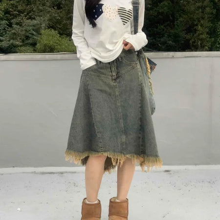 Boho Chic Asymmetrical Flare Denim Midi Skirt