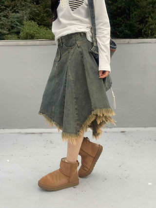 Boho Chic Asymmetrical Flare Denim Midi Skirt