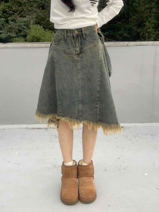 Boho Chic Asymmetrical Flare Denim Midi Skirt