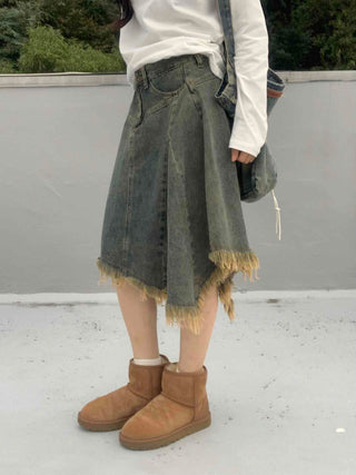 Boho Chic Asymmetrical Flare Denim Midi Skirt