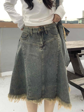 Boho Chic Asymmetrical Flare Denim Midi Skirt