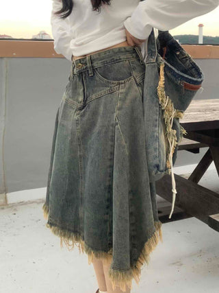 Boho Chic Asymmetrical Flare Denim Midi Skirt