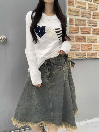 Boho Chic Asymmetrical Flare Denim Midi Skirt