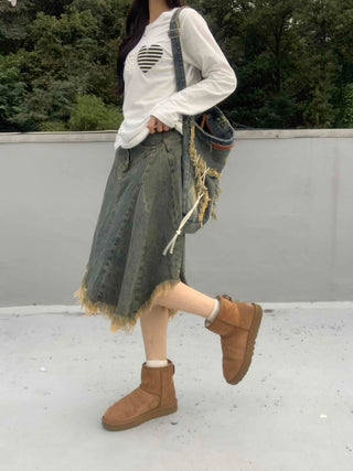 Boho Chic Asymmetrical Flare Denim Midi Skirt
