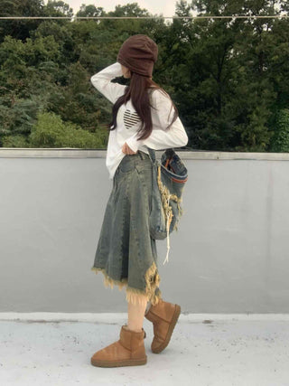 Boho Chic Asymmetrical Flare Denim Midi Skirt
