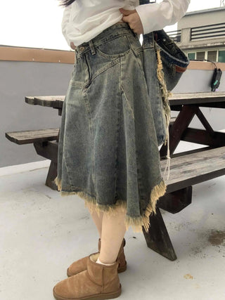 Boho Chic Asymmetrical Flare Denim Midi Skirt