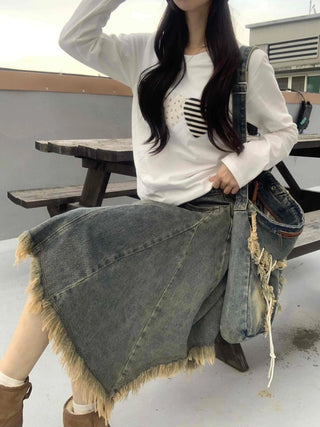 Boho Chic Asymmetrical Flare Denim Midi Skirt