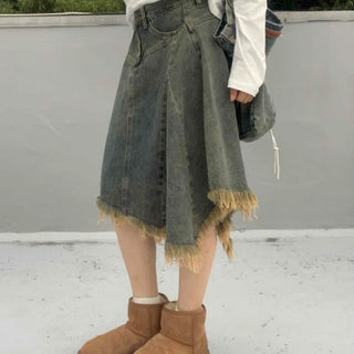 Boho Chic Asymmetrical Flare Denim Midi Skirt