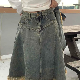 Boho Chic Asymmetrical Flare Denim Midi Skirt