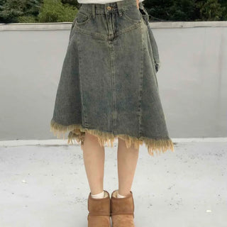 Boho Chic Asymmetrical Flare Denim Midi Skirt