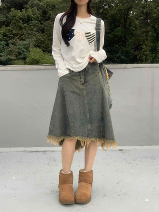 Boho Chic Asymmetrical Flare Denim Midi Skirt