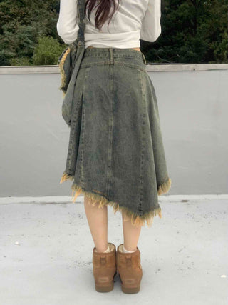 Boho Chic Asymmetrical Flare Denim Midi Skirt