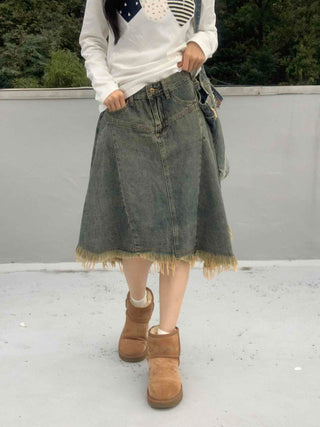 Boho Chic Asymmetrical Flare Denim Midi Skirt