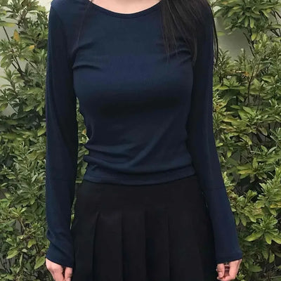 Casual Ribbed Cotton Plain Long Sleeve T-shirt