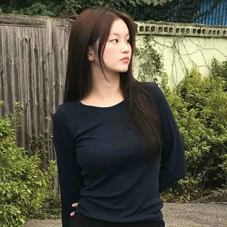 Casual Ribbed Cotton Plain Long Sleeve T-shirt