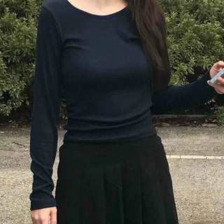 Casual Ribbed Cotton Plain Long Sleeve T-shirt