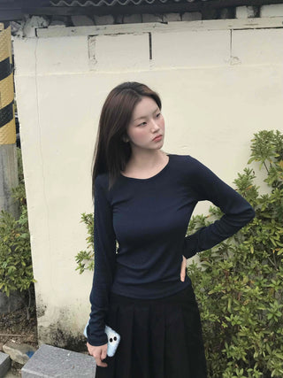 Casual Ribbed Cotton Plain Long Sleeve T-shirt