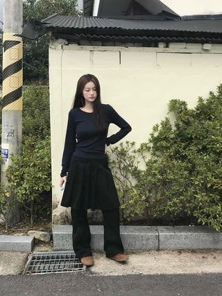Casual Ribbed Cotton Plain Long Sleeve T-shirt