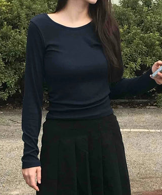 Casual Ribbed Cotton Plain Long Sleeve T-shirt