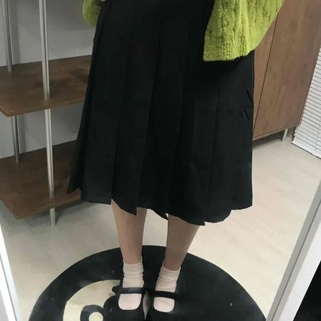Date Look Pleated Cotton Plain Midi Skirt