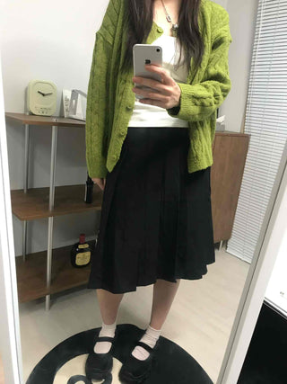 Date Look Pleated Cotton Plain Midi Skirt