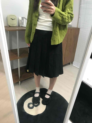 Date Look Pleated Cotton Plain Midi Skirt